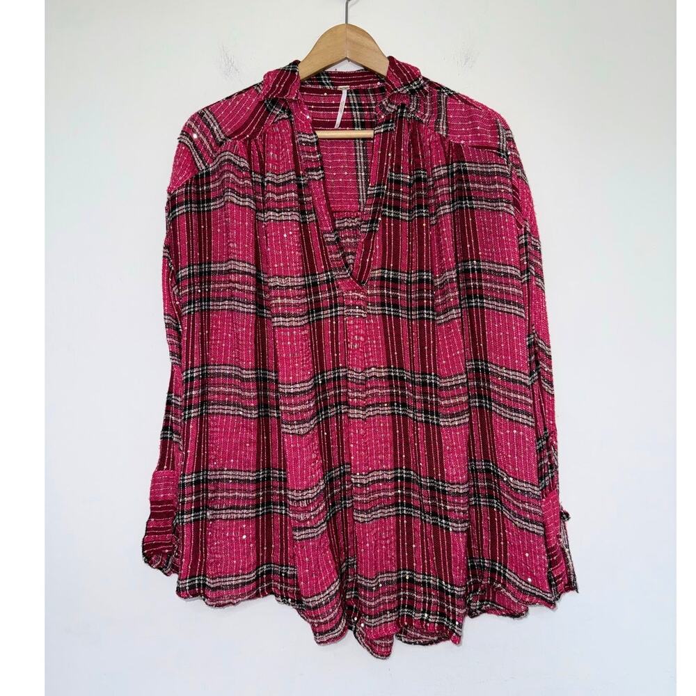 FREE PEOPLE red black tartan metallic Fearless Love oversized pullover top - Picture 2 of 11